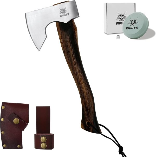 13.5 Inch Hatchet, Camping Axe 1055 Carbon Steel and Beech Handle, Survival Hatchet with Leather Sheath for Wood Splitting and Kindling