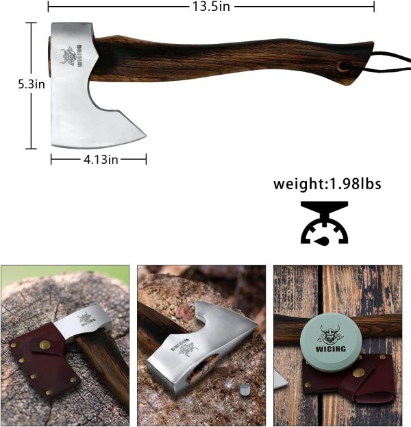 13.5 Inch Hatchet, Camping Axe 1055 Carbon Steel and Beech Handle, Survival Hatchet with Leather Sheath for Wood Splitting and Kindling - Image 3