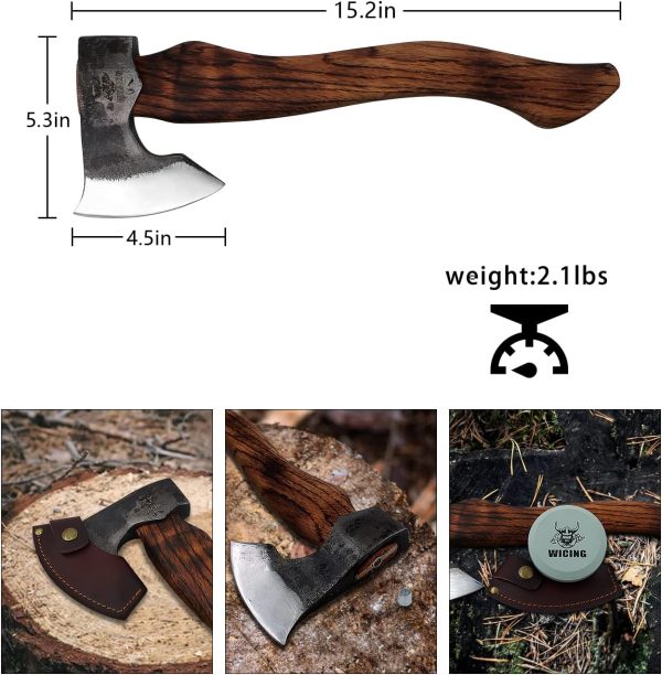Camping Hatchet - 15.2 inches Chopping Axe for Wood Splitting and Kindling, 1055 High Carbon Steel and Beech Wooden Handle, with Leather Sheath - Image 5