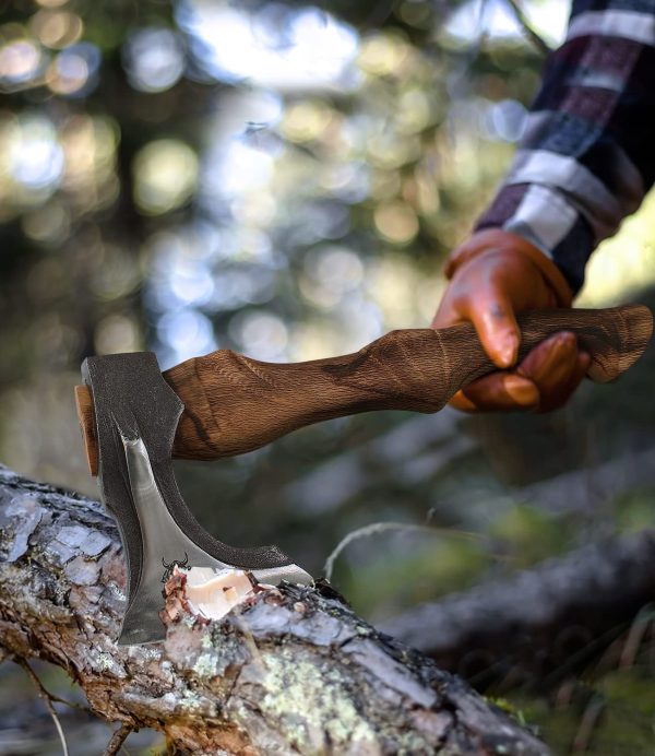 Splitting Axe, 14.8 - inch Camping Hatchet with Leather Sheath, Chopping Axe 1055 High Carbon Steel and Beech Wooden Handle - Image 5