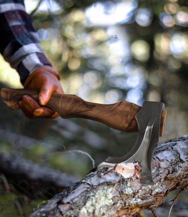 Splitting Axe, 14.8 - inch Camping Hatchet with Leather Sheath, Chopping Axe 1055 High Carbon Steel and Beech Wooden Handle - Image 6