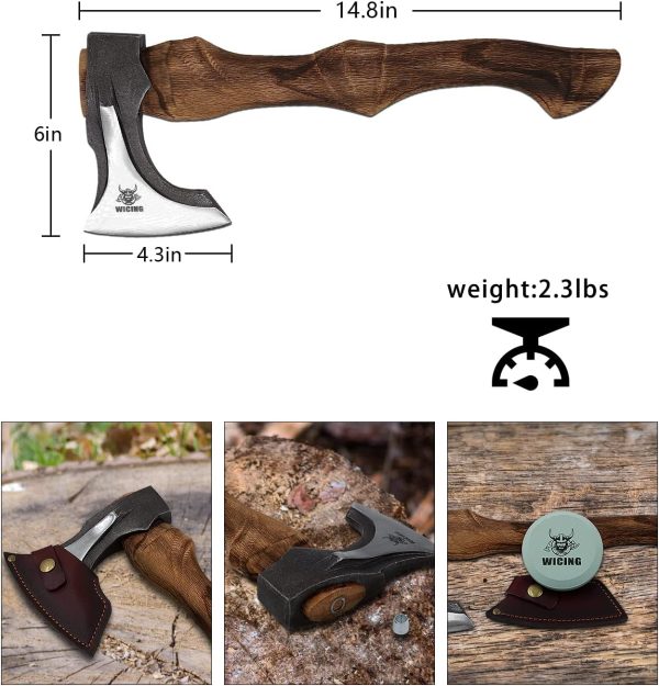 Splitting Axe, 14.8 - inch Camping Hatchet with Leather Sheath, Chopping Axe 1055 High Carbon Steel and Beech Wooden Handle - Image 2