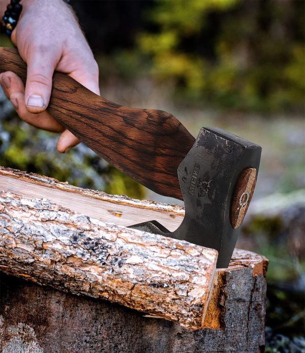 Camping Hatchet - 15.2 inches Chopping Axe for Wood Splitting and Kindling, 1055 High Carbon Steel and Beech Wooden Handle, with Leather Sheath - Image 3
