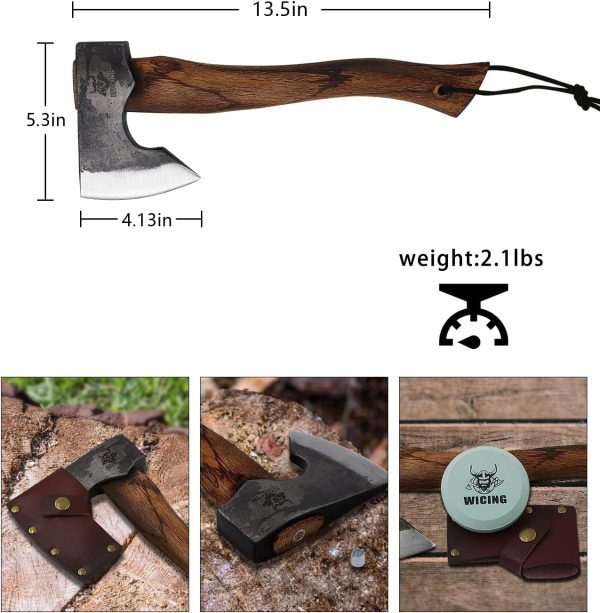 13.5 Inch Hatchet, Camping Axes and Hatchets 1065 Carbon Steel and Beech Handle, Survival Hatchet with Leather Sheath - Image 5